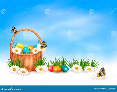 Easter Background with Easter Eggs in Basket Stock Vector ...