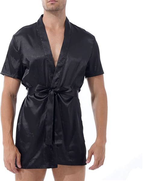 Choomomo Men Kimono Gown Bathrobe Satin Robe Short Sleeve Night Robe