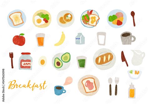 かわいい手描きの朝ごはんのイラストセット Stock ベクター | Adobe Stock