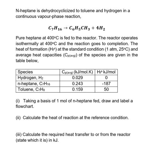 Solved N Heptane Is Dehydrocyclized To Toluene And Hydrogen In A