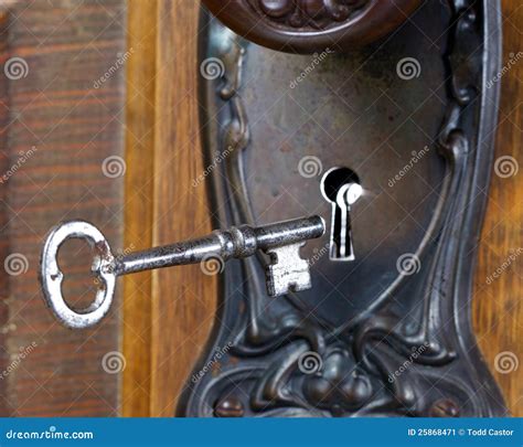 Antique Door With Skeleton Key Going Into Key Hole Stock Image Image