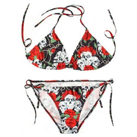 Black Red Roses Skulls Punk Rock Two Piece Sexy BIkini Swimwear