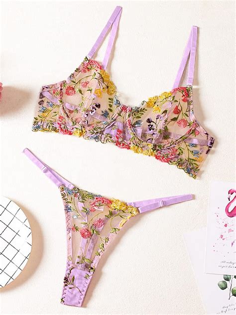 Buy Kaei Shi Vibrant Embroidery Underwire Adjustable Thong Sexy 2 Piece Lingerie Online At