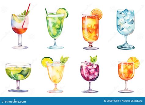 Set Of Mojito Tropical Cocktails Hand Drawn Watercolor Summer