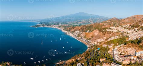 Panoramic aerial view of Isola Bella island and beach in Taormina ...