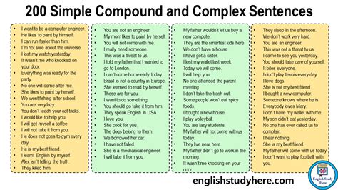 200 Simple Compound And Complex Sentences English Study Here