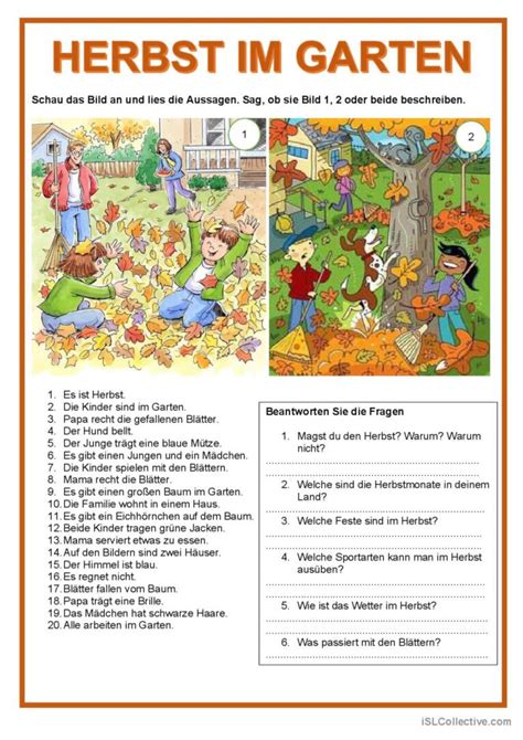 Bildbeschreibung Herbst im Garten Deutsch DAF Arbeitsblätter pdf doc