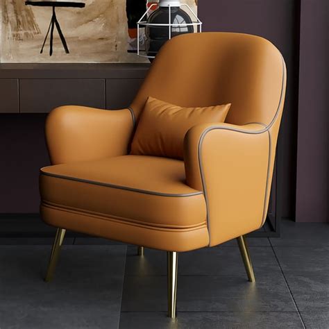 Orange Pu Leather Accent Chair Modern Upholstered Arm Chair Pillow