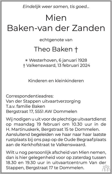 Mien Baken Van Der Zanden Overlijdensbericht En Condoleances