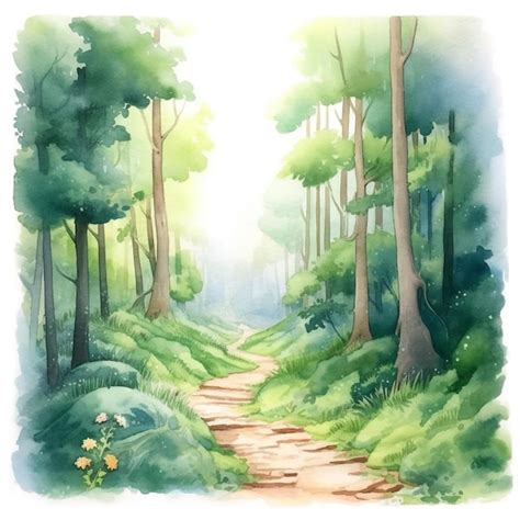 Uma Pintura Em Aquarela De Um Caminho Em Uma Floresta Foto Premium