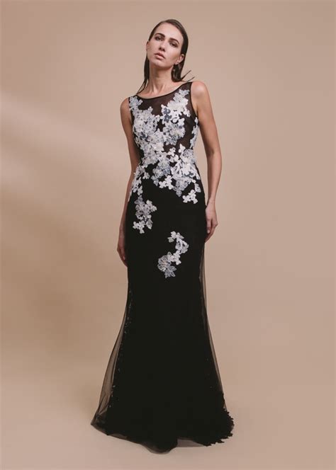 Mermaid Beaded Ivory Floral Lace Black Tulle Evening Dress