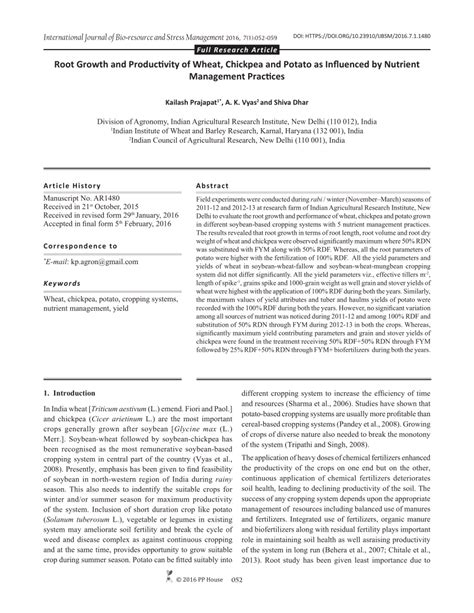 Pdf Root Growth And Productivity Of Wheat Chickpea And Potato As Influenced By Nutrient