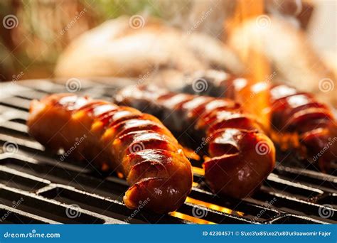 Grilling Sausages On Barbecue Grill Stock Image Image Of Sausage