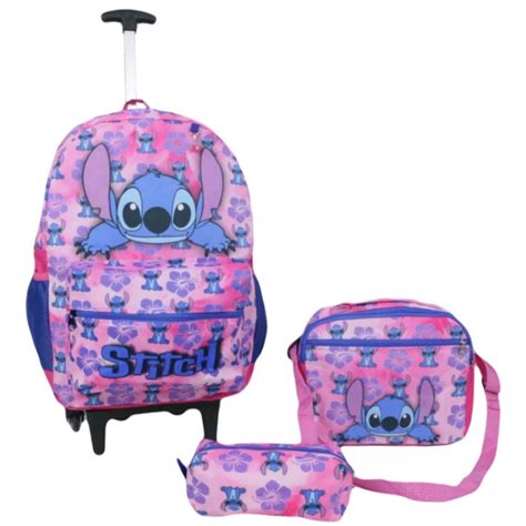 Kit Mochila Feminina Stitch Rosa Rodinhas Lancheira E Estojo Infantil