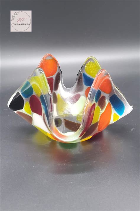 Fused Rainbow Art Glass Handkerchief Candleholder Glass Trinket Dish Unique Items Products