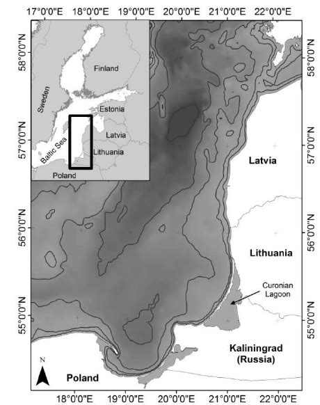 Study area in the SE Baltic Sea with overlaid bathymetry contours ...