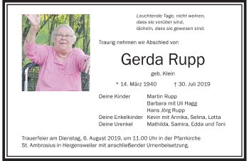 Traueranzeigen Von Gerda Rupp Allg Uer Zeitung