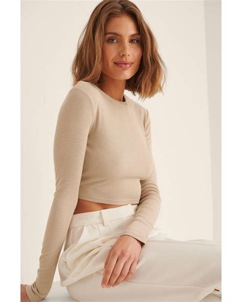 Na Kd Synthetic Beige Recycled Round Neck Ribbed Long Sleeve Crop Top