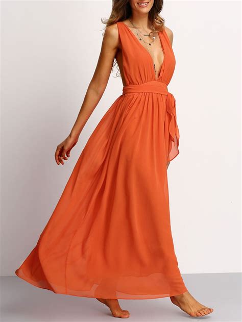 Orange Deep V Neck Self Tie Waist Maxi Dress Emmacloth Women Fast