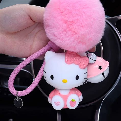 Hello Kitty Keychain Fur Pom Pom Keychains Bag Car Key Ring Fluffy Pompons Key Chain Ring ...