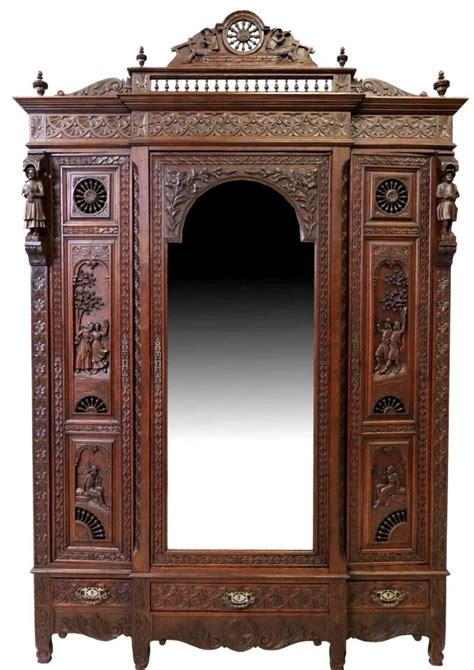 Early 1900s Antique Triple French Breton Carved Oak Mirrored