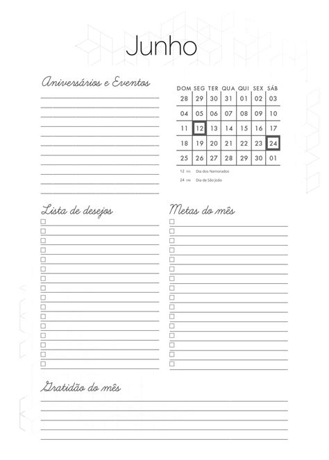 Planner Minimalista Xadrez Agenda Junho Fazendo A Nossa Festa