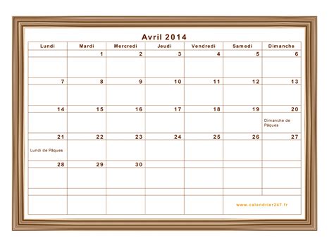 Calendrier Avril 2014 à Imprimer Gratuit En Pdf Et Excel