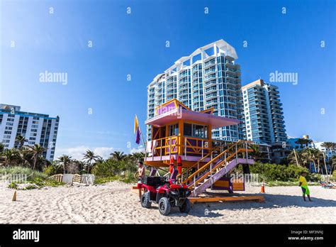 Colourful Lifeguard Tower Sunny Isles Miami Beach Florida Usa Stock