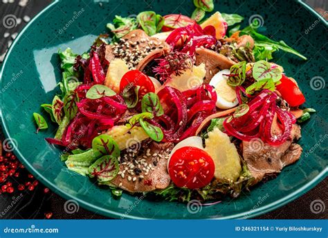 Beef Tongue Salad with Fresh Vegetables, Pickled Onions and Mini Corn Stock Photo - Image of ...