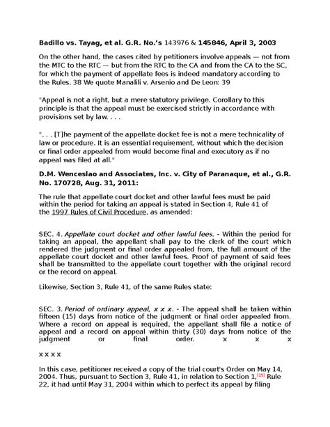 Jurisprudence on Mandatory Docket Fee Payment in Appeals - Studocu