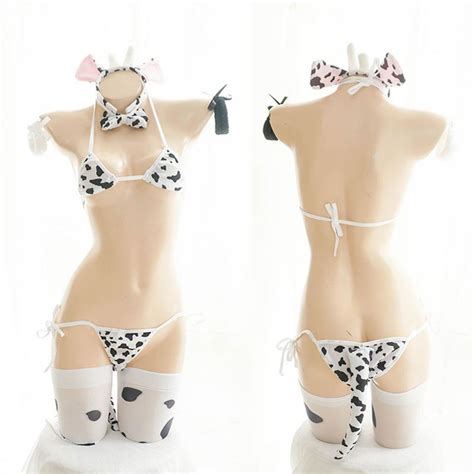 Womens Cute Cow Micro Bikini Set Anime Cosplay Lingerie Sexy Bra And