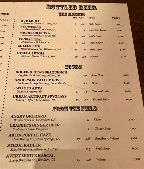 Menu at The Eagle restaurant, Louisville