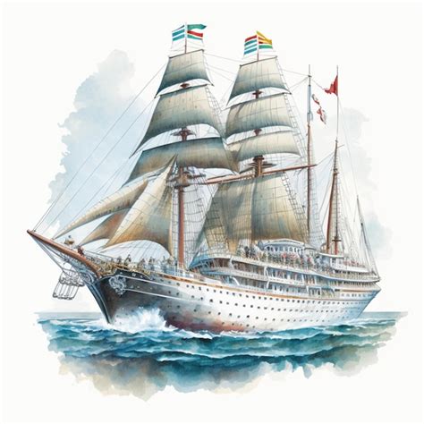 Premium Ai Image Painting Of A Large White Ship With Many Sails In