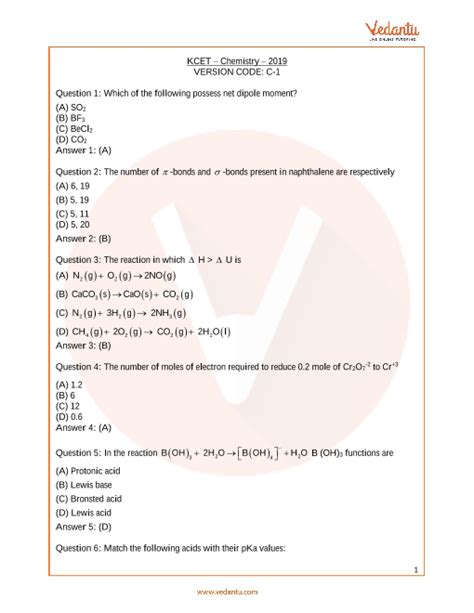 Kcet 2019 Previous Year Paper For Chemistry Free Pdf Download