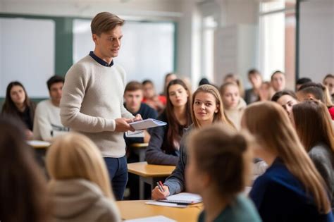 Premium AI Image Seasoned Tutor Mature Teacher Engaging Students In Rows Generative Ai
