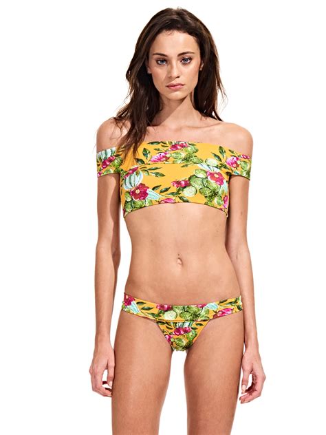 Retro Floral Off Shoulder Crop Top Bikini Cactus Floral