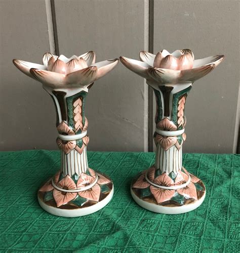 Vintage Lotus Flower Ceramic Candlesticks Pink And Green Lotus Flower