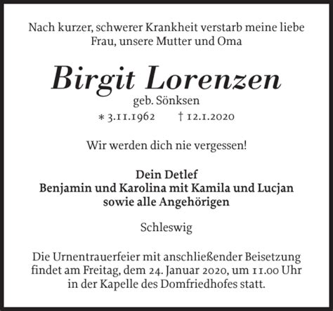 Traueranzeigen Von Birgit Lorenzen Sh Z Trauer