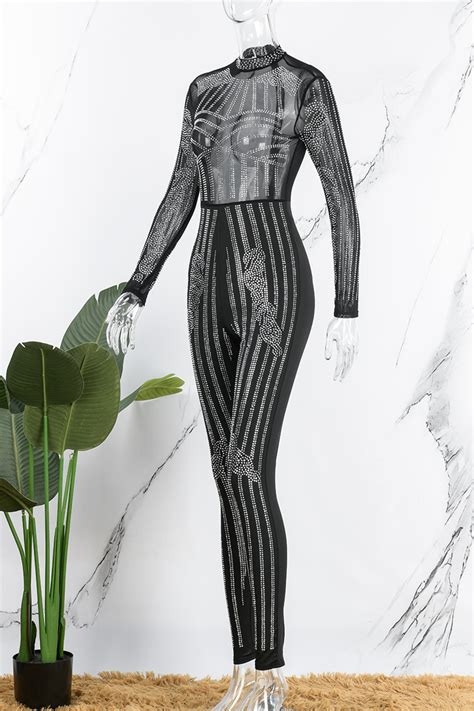 Wholesale Apricot Sexy Patchwork Hot Drilling See Through Half A Turtleneck Skinny Jumpsuits