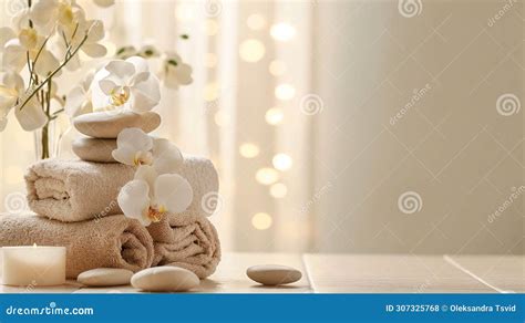 Andles Stones And Towel In A Spa Burning Candles Stones And Towel On Massage Table White