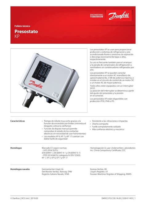 Pdf Folleto T Cnico Presostato Kp Danfoss Folleto