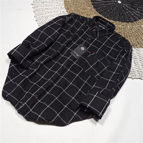 Kemeja Hitam Putih Pria Men S Flannel Shirt Basic Black And White