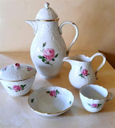 Meissen Porcelain Pink Roses Coffee Service And Embossed Decorations