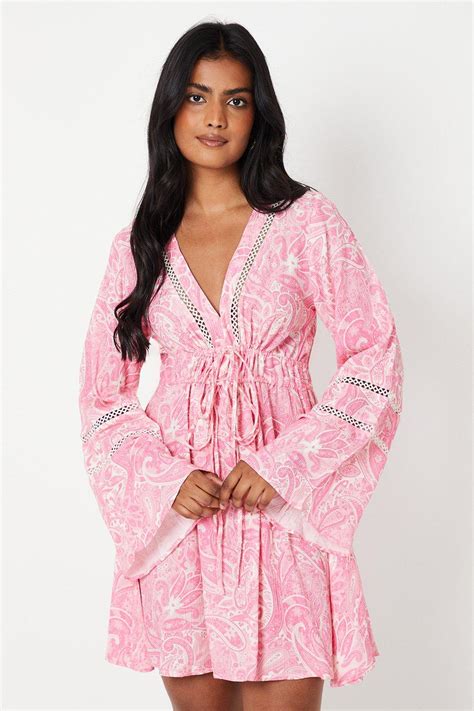 Dresses Paisley Tie Front Kimono Sleeve Tiered Crinkle Mini Dress Oasis