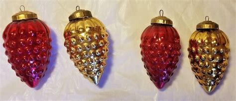 Set Of Four Vintage Gold Red Blown Glass Pinecone Ornaments West Germany Gold Glitter