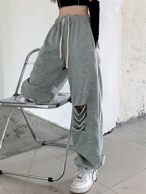 Emmiol Free Shipping 2023 Gray Ripped Baggy Sweatpants Gray One Size In