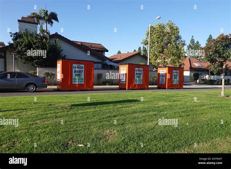 U Haul u-box portable storage pods and moving containers outside a home in California Stock ...