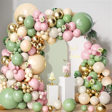 Sage Green Pink Balloon Arch Kit Olive Green Nude Sand White Gold Balloons Garland Kit For Baby