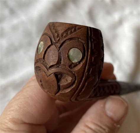 Vintage Maori Tekoteko Wood Carved Tiki Pipe Paua Eyes New Zealand