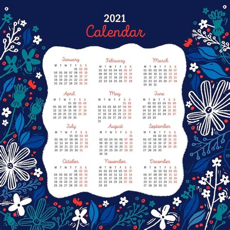 Calendario año nuevo 2021 dibujado a mano con flores azules Vector